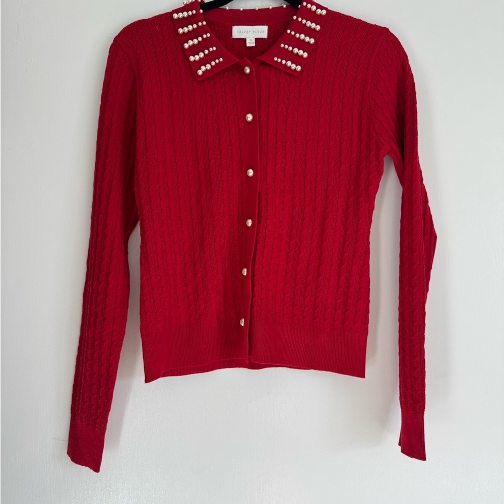 Red Cardigan with Pearl Details